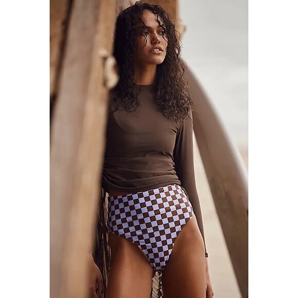 Salt Gypsy High Cut Surf Bikini Bottoms in Lavender Brown Checkered Size 10 12 - Picture 6 of 12